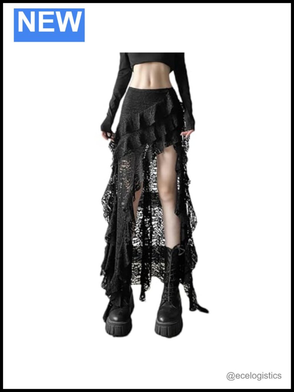 Y2K Lace Layered Maxi Skirt A-Line Low Rise Asymmetrical Tiered Ruffle